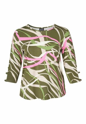 Multikleurige top met een groen, roze en beige abstract patroon. Gemaakt van zachte stof met 3/4 mouwen en manchetten.