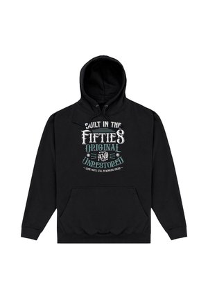 Felpa nera con cappuccio e tasca frontale, con testo bianco e verde: "Costruita negli anni cinquanta, originale e non restaurata, alcune parti ancora funzionanti."