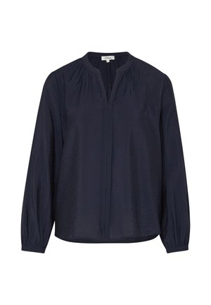 Blouse bleu marine à manches longues avec un col rond, de subtils plis près du col et des poignets boutonnés.