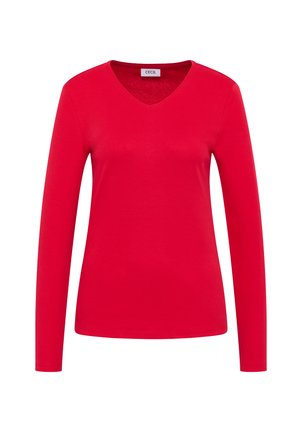 Maglietta rossa a maniche lunghe con scollatura a V. Realizzata in morbido cotone, presenta uno stile semplice e classico. Senza motivi o dettagli aggiuntivi.