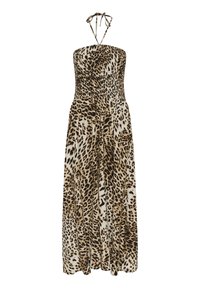 Maxi kjole med leopardmønster, tætsiddende bodice, smock-detaljer og halterneck-snore. Fremstillet af letvægtsstof med en svajende nederdel.