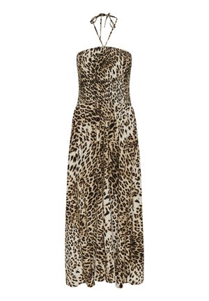 Maxi-jurk met luipaardprint, een getailleerde lijfje, gerimpelde details en halterbandjes. Gemaakt van lichtgewicht stof met een vloeiende rok.