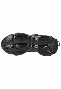 Suola nera di scarpa atletica con gomma testurizzata per presa, caratterizzata da una forma curva e un modello di battistrada distintivo per trazione e supporto.