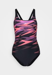 Maillot de bain noir avec un motif abstrait rose et violet. Il a des bretelles fines et est fabriqué dans un matériau lisse et extensible.