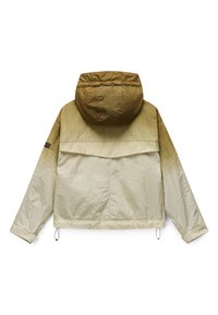 Tofarvet beige og brun hættetrøje med lange ærmer, justerbare bundsnore og et mærke på venstre arm, vist bagfra.