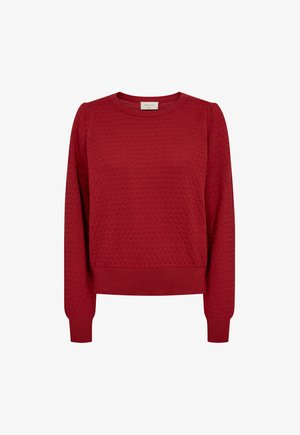 Rode gestructureerde trui met een ronde halslijn, lange mouwen en een ribbelrand. Heeft een geweven patroon door de stof.
