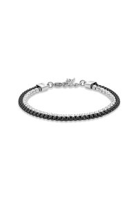 Bracciale caratterizzato da un design a doppia fascia, con un lato in nero e l'altro lato con cristalli trasparenti, rifinito con accenti metallici e una chiusura.