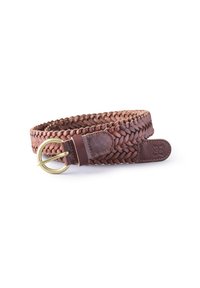 Braided brown leather belt with a brass buckle, featuring a smooth texture and a tapered end. Decorative stitching accents the design.