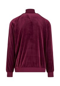 Bordowy aksamitny żakiet z wysokim kołnierzem, długimi rękawami, elastycznymi mankietami i gładką, miękką fakturą. Posiada luźny krój.