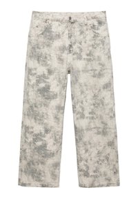 Jean à coupe ample avec un motif délavé gris et blanc, fermeture à boutons à l'avant, passants pour ceinture et poches avant.