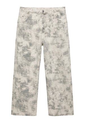 Luźne spodnie dżinsowe w szarym i białym wzorze z efektem wybielania, z przodem zapinanym na guziki, szlufkami na pasek oraz przednimi kieszeniami.