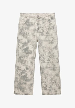 Luźne spodnie dżinsowe w szarym i białym wzorze z efektem wybielania, z przodem zapinanym na guziki, szlufkami na pasek oraz przednimi kieszeniami.