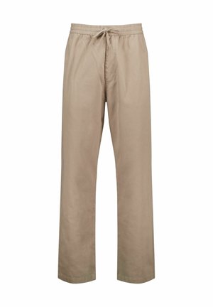 Beige, lässige Hose aus leichtem Material. Mit einem elastischen Bund und einem Kordelzug sowie geraden, weiten Beinen.