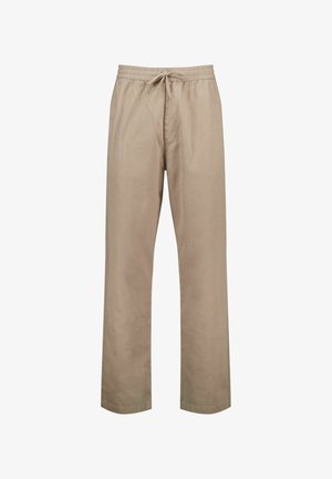 Pantaloni beige in stile relaxed-fit realizzati in tessuto leggero. Presentano una vita elastica con coulisse e gambe dritte e larghe.