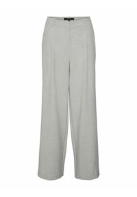 Lichtgrijze wijde broek met een gestructureerde stof, voorzien van voorplooien en zijzakken. Aangekleed tailleband met riemlussen.