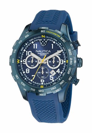Nautica kronografur med blå gummirem, mørkeblå urskive, hvide timeindikatorer, gule detaljer, tachymeter og flere underskiver.