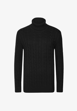 Maglione nero lavorato a maglia con collo alto, caratterizzato da un design a trecce e polsini e orlo a coste. Realizzato in un morbido tessuto testurizzato.
