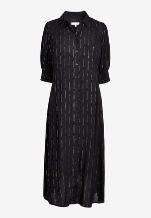 Robe midi noire avec manches bouffantes courtes, ouverture boutonnée devant, col et motif de rayures métalliques dorées verticales.