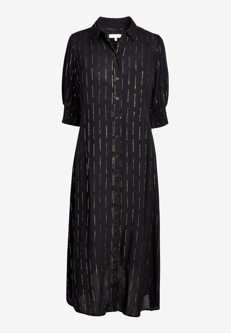 Robe midi noire avec manches bouffantes courtes, ouverture boutonnée devant, col et motif de rayures métalliques dorées verticales.