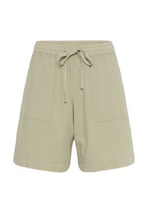 Bež ležerne kratke hlače s elastičnim pojasom, vezicom i dva velika prednja džepa na zakrpama.