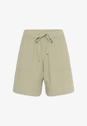 Shorts beiges décontractés avec taille élastique, cordon de serrage et deux grandes poches plaquées à l'avant.