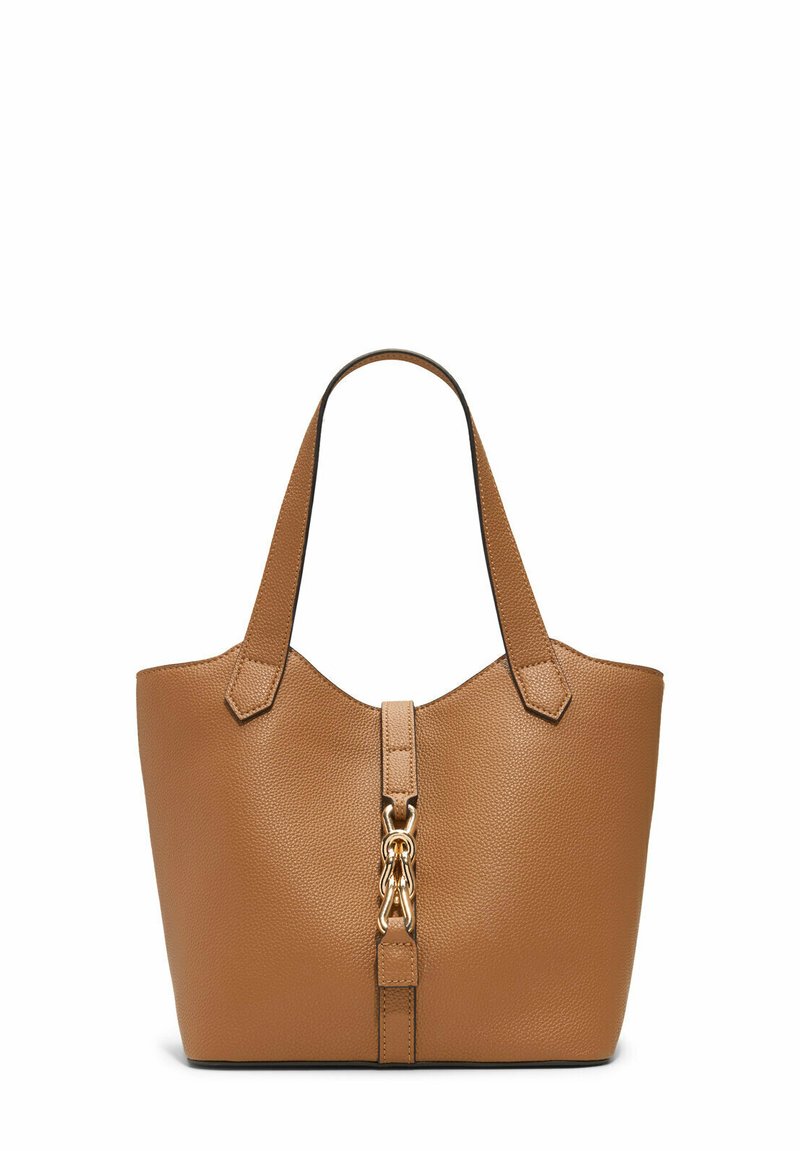 Sac en cuir tanné avec une finition texturée, doté de deux poignées et d'un accent de chaîne dorée au niveau de la fermeture. Design minimaliste.