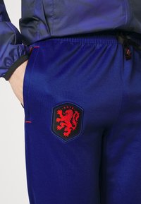 Blaue Sporthose aus glattem Stoff mit einem roten Löwenemblem auf einem schwarzen Wappenpatch, ausgestattet mit kontrastierenden roten Nahtdetails.