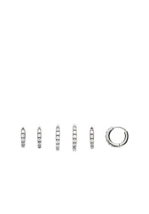 Silver hoop earrings set showing front, angled, side views, and open clasp, each adorned with evenly spaced clear gemstones.