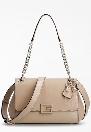 Beige designer handbag with a chain and leather shoulder strap, front flap with a clasp shaped like a "G," and decorative key and lock charms.