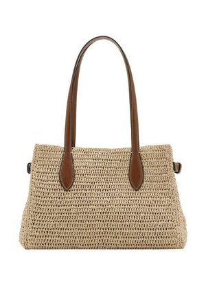 Sac à main beige tissé avec deux longues poignées en cuir marron et une base rectangulaire, adapté pour être porté à l'épaule.