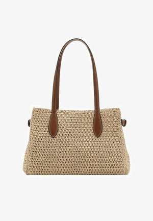 Bolso tejido beige con dos asas largas de cuero marrón y una base rectangular, adecuado para llevar al hombro.