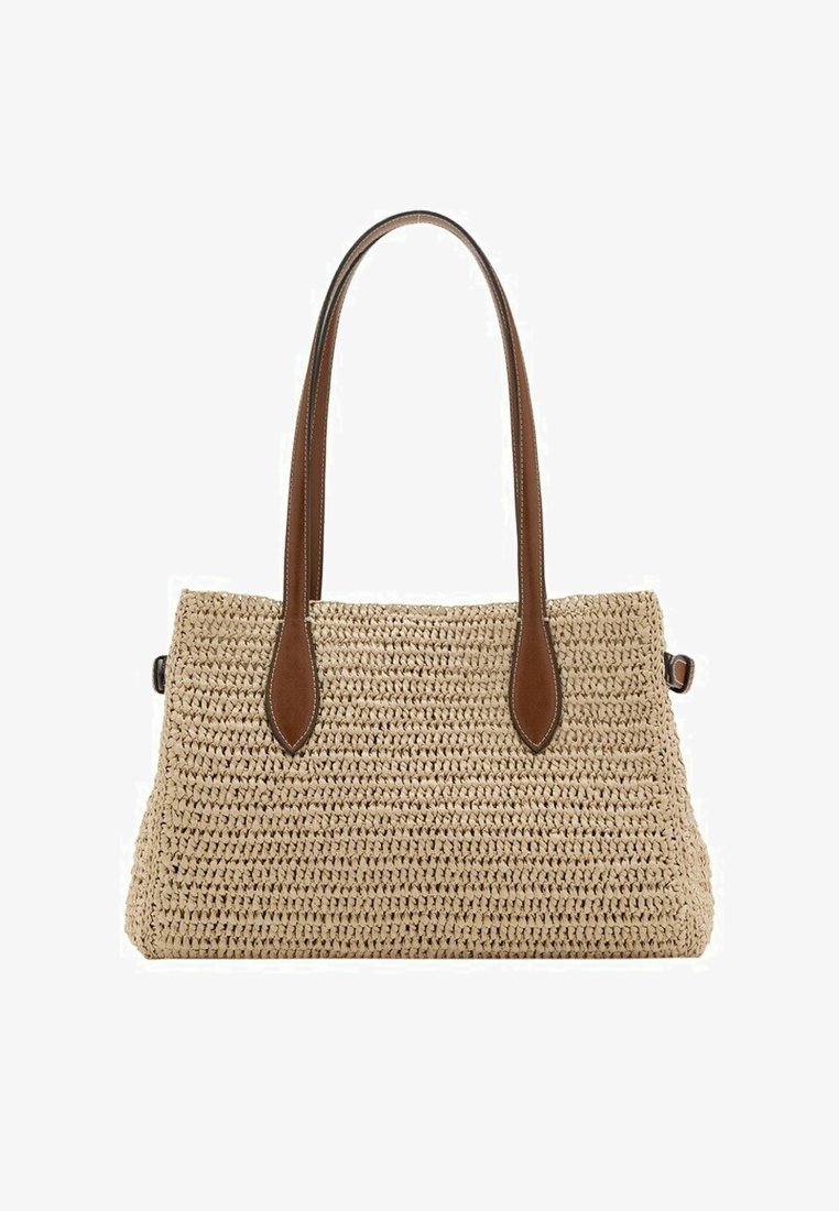 Sac à main beige tissé avec deux longues poignées en cuir marron et une base rectangulaire, adapté pour être porté à l'épaule.