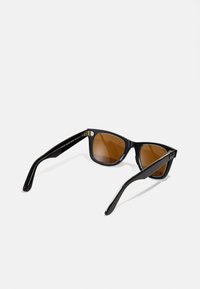Black rectangular sunglasses with brown lenses. Plastic frame with shiny finish and metal accents on hinges. Smooth texture overall.