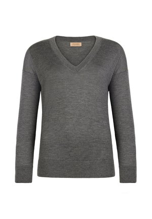 Grå langærmet V-hals trøje med ribbede manchetter og kant, lavet af blødt strikstof.