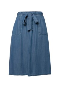 Jeanskjol med elastisk midjeband, justerbar snörning, två sidofickor och rak skärning. Färg: medelblå. Mjuk textur och lätt vikt.