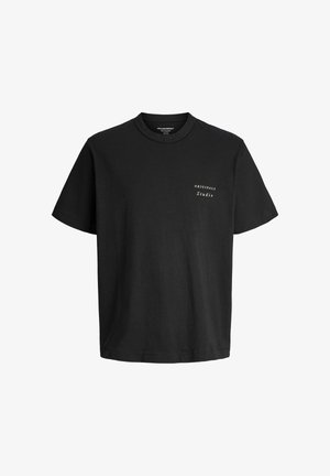 Zwarte katoenen T-shirt met een ronde hals. Bevat een klein, wit gedrukte logo met de tekst "ORIGINALS Studio" aan de bovenkant van de linkerzijde. Korte mouwen.