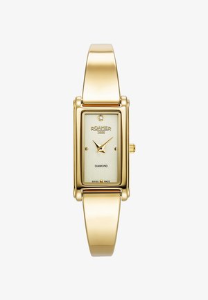 Orologio rettangolare color oro con un accento di diamante su un quadrante texturizzato color oro chiaro. Bracciale in metallo a maglie con superficie liscia. Prodotto in Svizzera.
