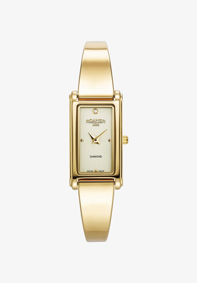 Goldfarbene rechteckige Uhr mit einem Diamantakzent auf einem strukturierten, hellgoldenen Zifferblatt. Metallgliederarmband mit glatter Oberfläche. Schweizer Herstellung.