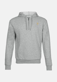Gray long-sleeve hoodie with front zipper, adjustable drawstring hood, kangaroo pocket, and small yellow embroidered logo on the chest.