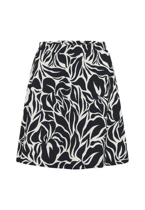 Flared skirt in a black and white floral pattern, made from textured fabric with an elastic waistband.