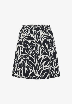 Rozšířená sukně s černobílým květinovým vzorem, vyrobená z texturované látky s elastickým pasem.