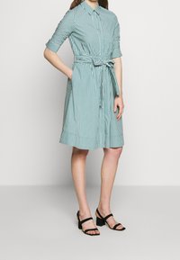 Vestito camicia verde chiaro con righe verticali bianche, maniche corte, chiusura frontale con bottoni e vita legata. Abbinato a sandali neri con tacco.