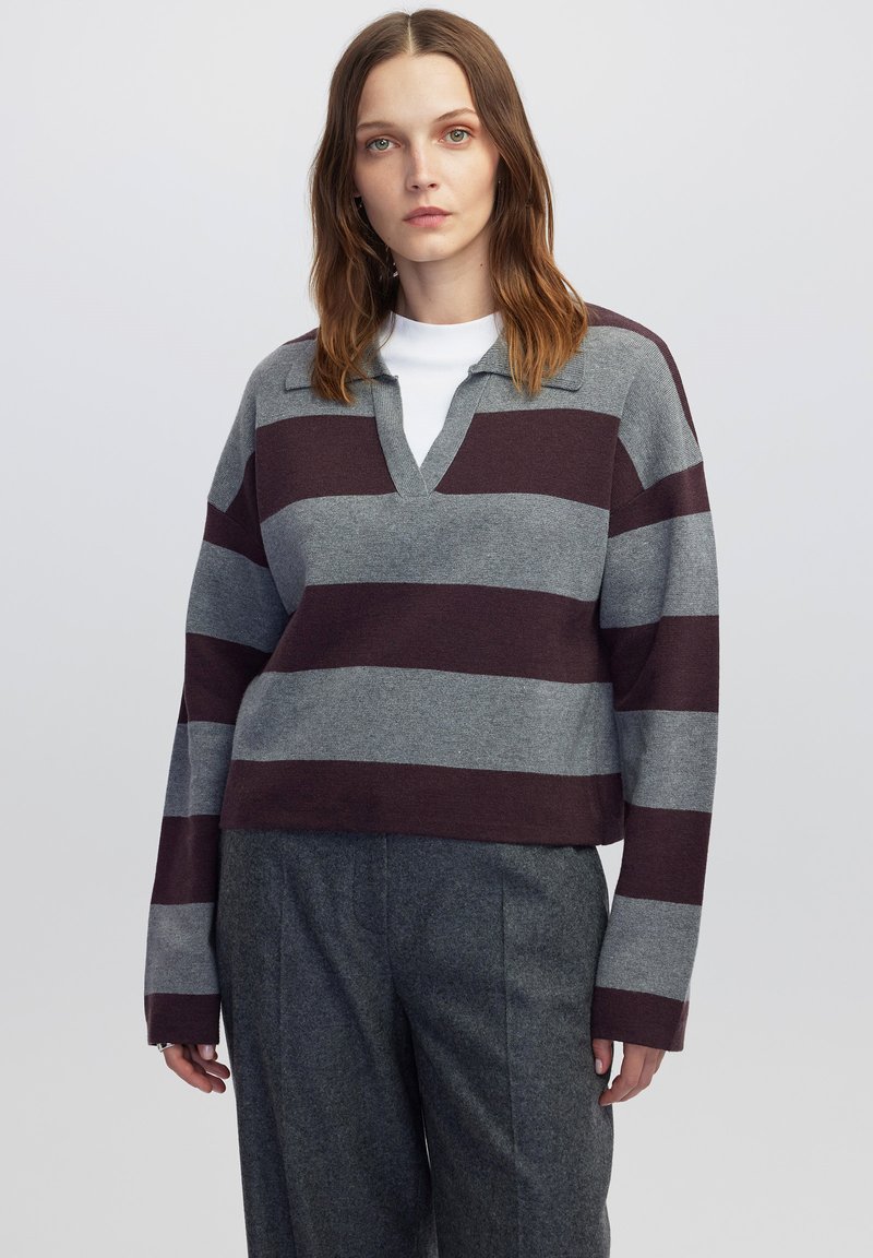 Maglione a righe nei colori grigio e bordeaux, realizzato in materiale a maglia, con scollo a V e maniche lunghe, abbinato a pantaloni grigi.