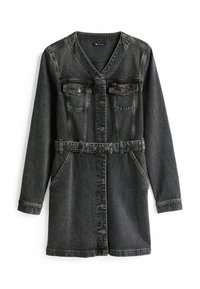 Vestito in denim nero con maniche lunghe, apertura con bottoni frontale, due tasche sul petto, tasche laterali e vita con cintura. Presenta un design a scollo a V.