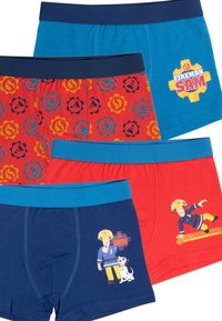 Quattro paia di boxer da bambino: blu unito, rosso con motivi a tema fuoco, che presenta disegni di cartoni animati "Fireman Sam" e un cane, in tessuto elasticizzato.