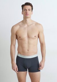 Fekete férfi boxer alsónadrág szürke elasztikus derékpánttal, amelyen a "NIKE" logó látható. Simaságú szövet, testhez simuló dizájn. Modell fehér háttér előtt áll.