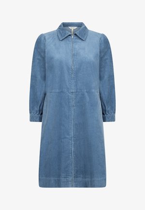 Sinine kordpükskleit pikkae varrukatega, kraega, esisepp ja volangiga mansetid; omab vertikaalset sooniku tekstuuri.