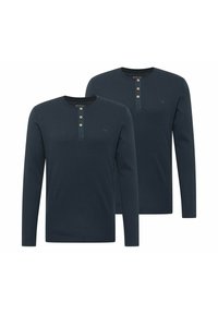 Marineblå langærmede skjorter i bomuld med rund hals, knapstolpe med træknapper og en lille logodetalje.