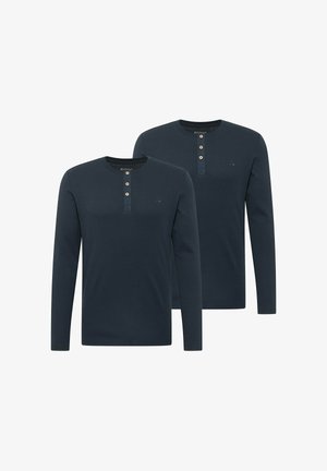 Marineblaue Langarmshirts aus Baumwolle, mit Rundhalsausschnitt, Knopfleiste mit Holzknöpfen und kleinem Logodetail.