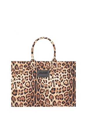 Borsa a tracolla rettangolare con motivo leopardato, due manici e una toppa nera rettangolare con il logo "GIVENESS" sulla parte anteriore.